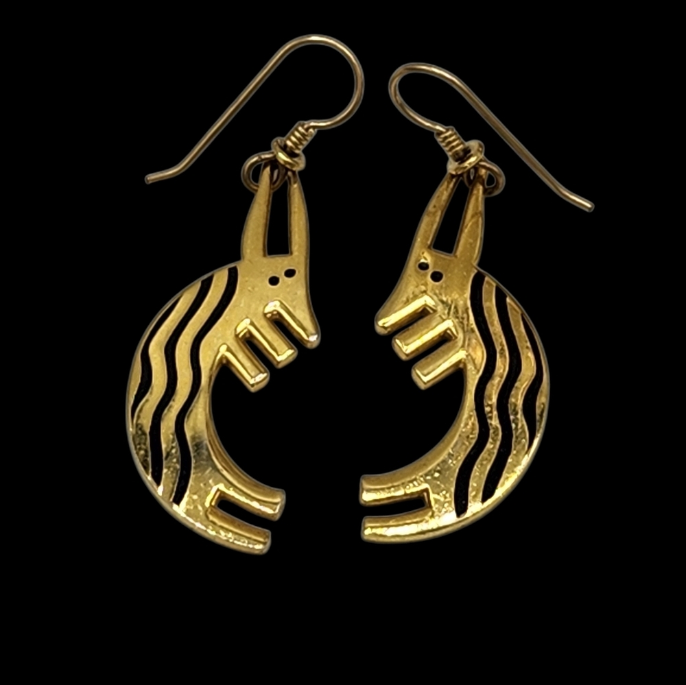 Vintage Laurel Burch Conejo Rabbit Earrings Black Enamel Gold Tone Dangle Artsy